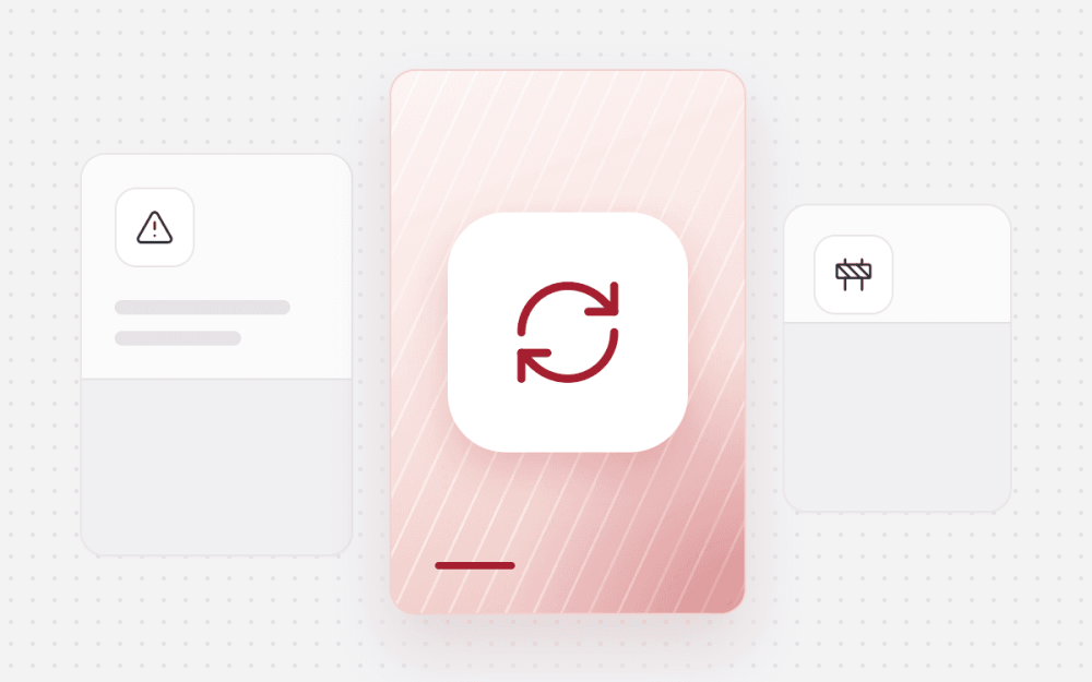 Illustration: refresh icon on a red card, with warning and roadwork icons, representing construction change management.