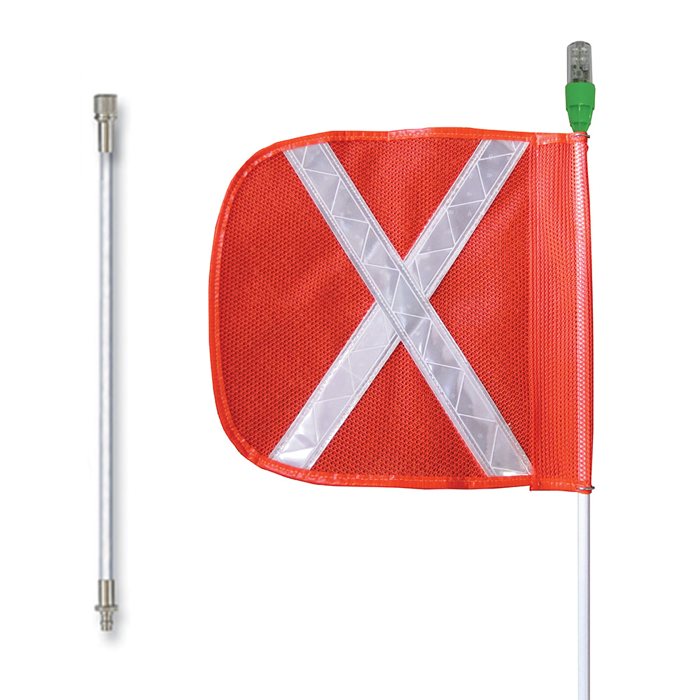 General-Purpose 12' Lighted Warning Whip Split Pole w/ Quick Disconnect Base 16" Orange Flag White X