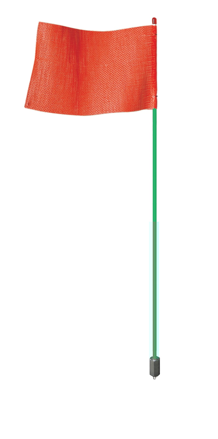 7' Light-Duty Warning Whip with Green Rod and Hex Base Mount, Orange Flag - FSRR7G-HB